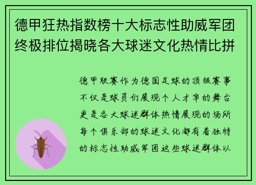 德甲狂热指数榜十大标志性助威军团终极排位揭晓各大球迷文化热情比拼