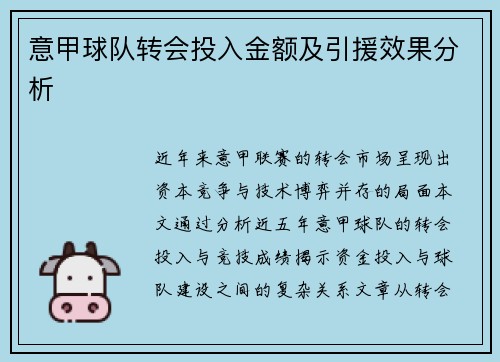 意甲球队转会投入金额及引援效果分析